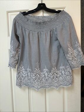 Smocked Off-Shoulder Striped Tunic with Lace Hem - White and Black